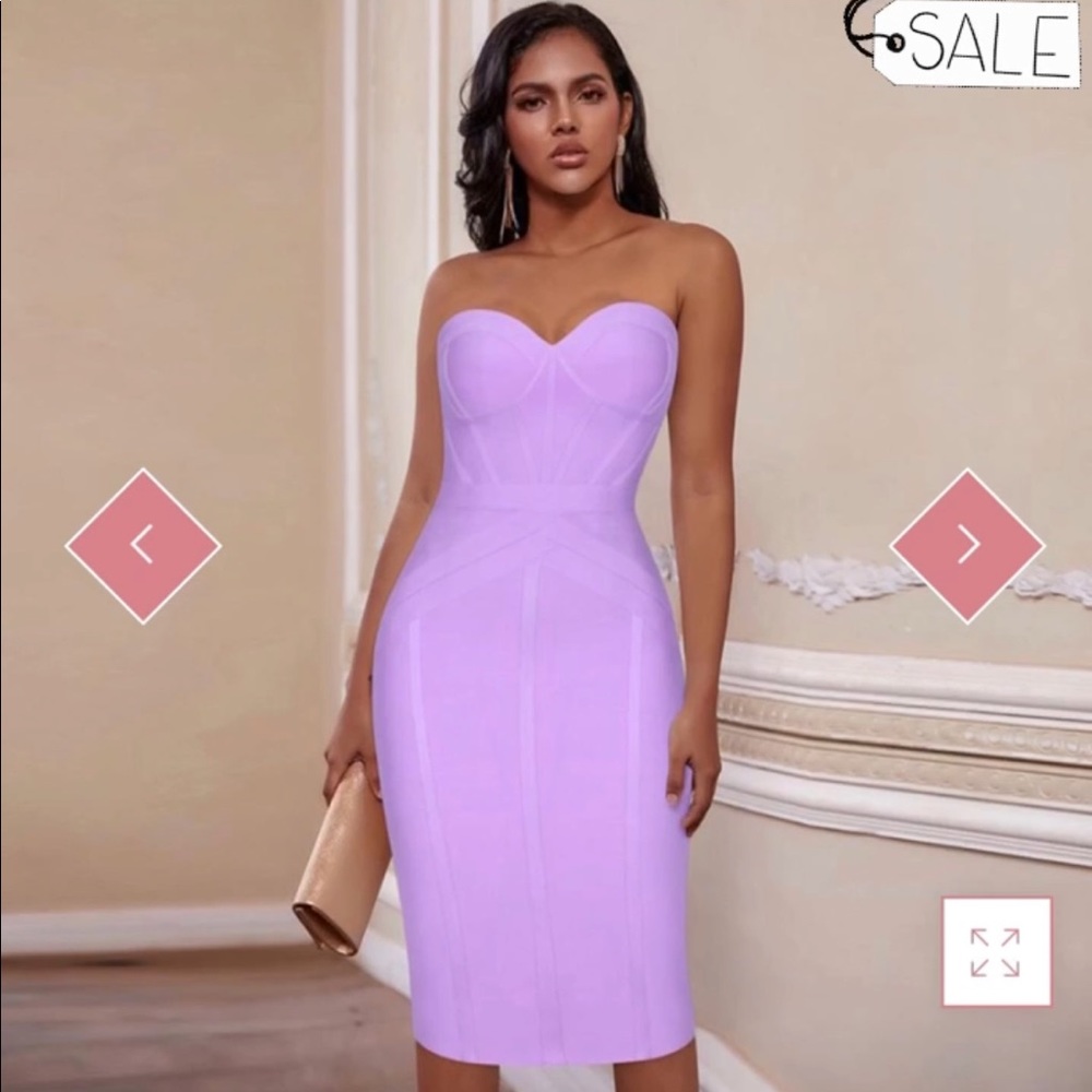 Worlddress 💜strapless sleeves striped over the knee Bandage Dress